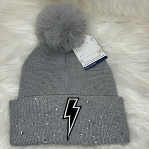 Kids Gray Beanie with Pom-Pom and Lightning Bolt
